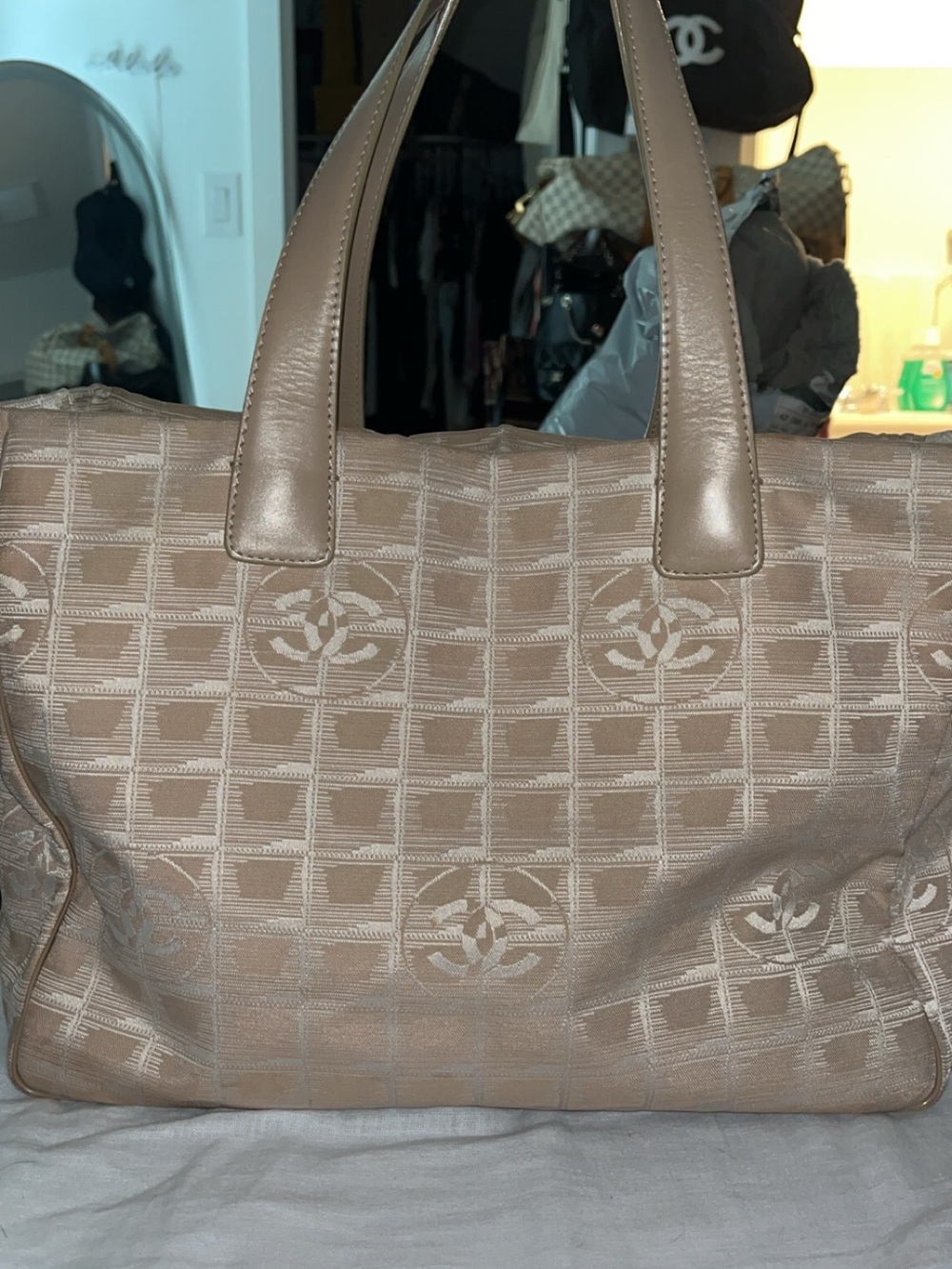 CHANEL Beige Jacquard CC Logo Tote